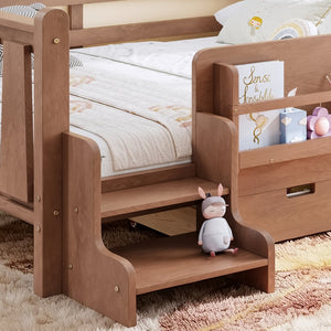 English Elm Twin Kids Platform Bed with Trundle Staircase Bookshelf and Rounded Safety Rails Natural W1580S00540