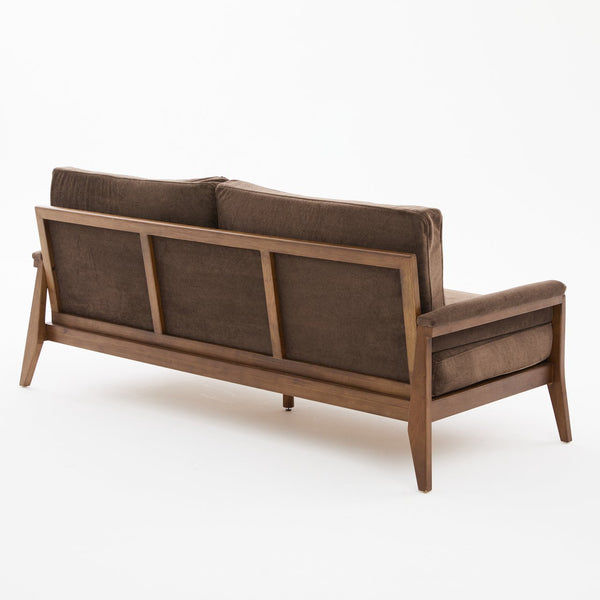 English Elm Mid-century Modern Boucle Upholstered Three Seat Sofa with Walnut Finish Wood Legs Dark Brown N773P411407D