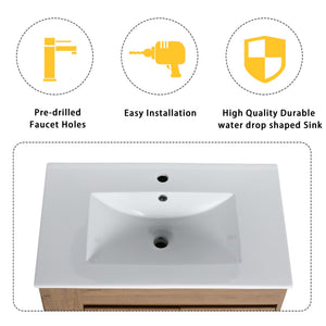 English Elm 30" Wall-Mounted Bathroom Vanity With Ceramic Sink, Soft-Close Doors & Versatile Storage Rack W999S00342