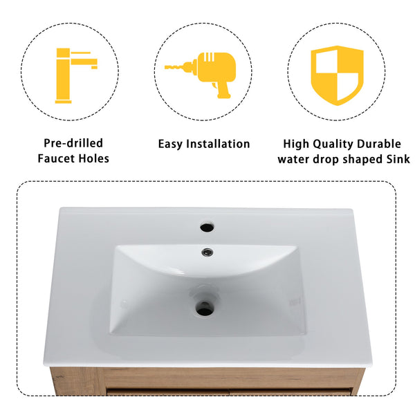 English Elm 30" Wall-Mounted Bathroom Vanity With Ceramic Sink, Soft-Close Doors & Versatile Storage Rack W999S00342