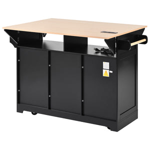 English Elm K&k Rolling Kitchen Island with Drop Leaves Power Outlet Drawers and Spice Rack Black N707S186617B