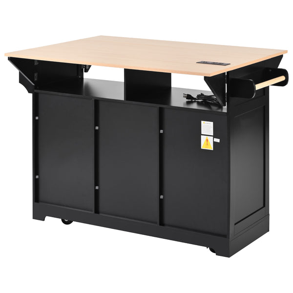 English Elm K&k Rolling Kitchen Island with Drop Leaves Power Outlet Drawers and Spice Rack Black N707S186617B