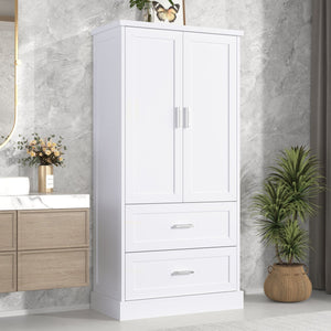 English Elm Tall White Mdf Bathroom Storage Cabinet with Adjustable Shelves and Two Lower Drawers N725S178675K
