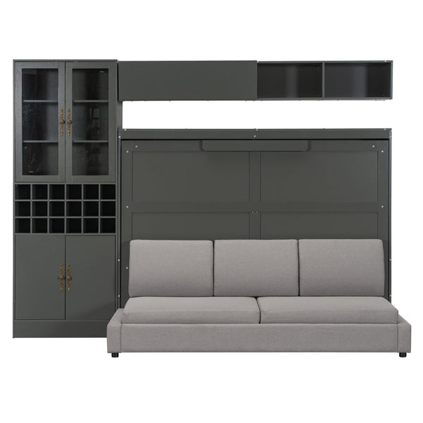 English Elm Full Size Murphy Wall Bed with Linen Sofa Shelving Usb Charging and Built-in Light LP000763AAE