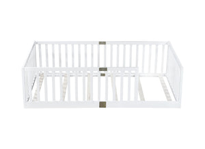 English Elm Twin House Frame Floor Bed Rubberwood with Roof Canopy and Safety Rails for Kids White W504P429530