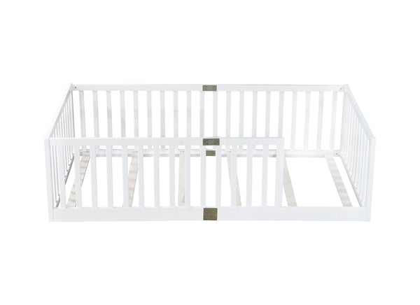 English Elm Twin House Frame Floor Bed Rubberwood with Roof Canopy and Safety Rails for Kids White W504P429530
