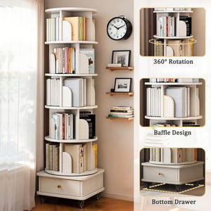 English Elm 6 Tier Rotating Bookshelf 360° Spinning Tower with Lockable Wheels, Drawer & Stable Base for Home Office White W3204P309485