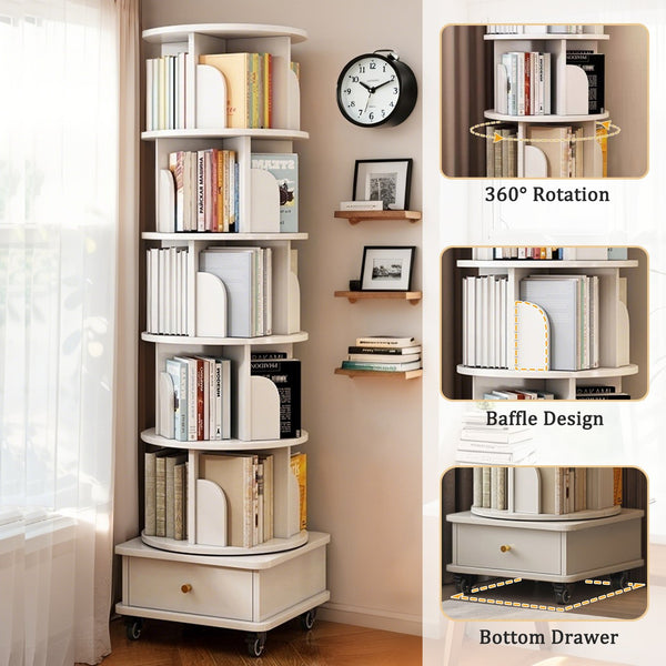 English Elm 6 Tier Rotating Bookshelf 360° Spinning Tower with Lockable Wheels, Drawer & Stable Base for Home Office White W3204P309485