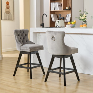 English Elm Swivel Velvet Barstool with Tufted Back, 360° Swivel, Plush Foam & Steel Spring Seat, Sturdy Wood Frame (Set of 2) Gray W1143P241330