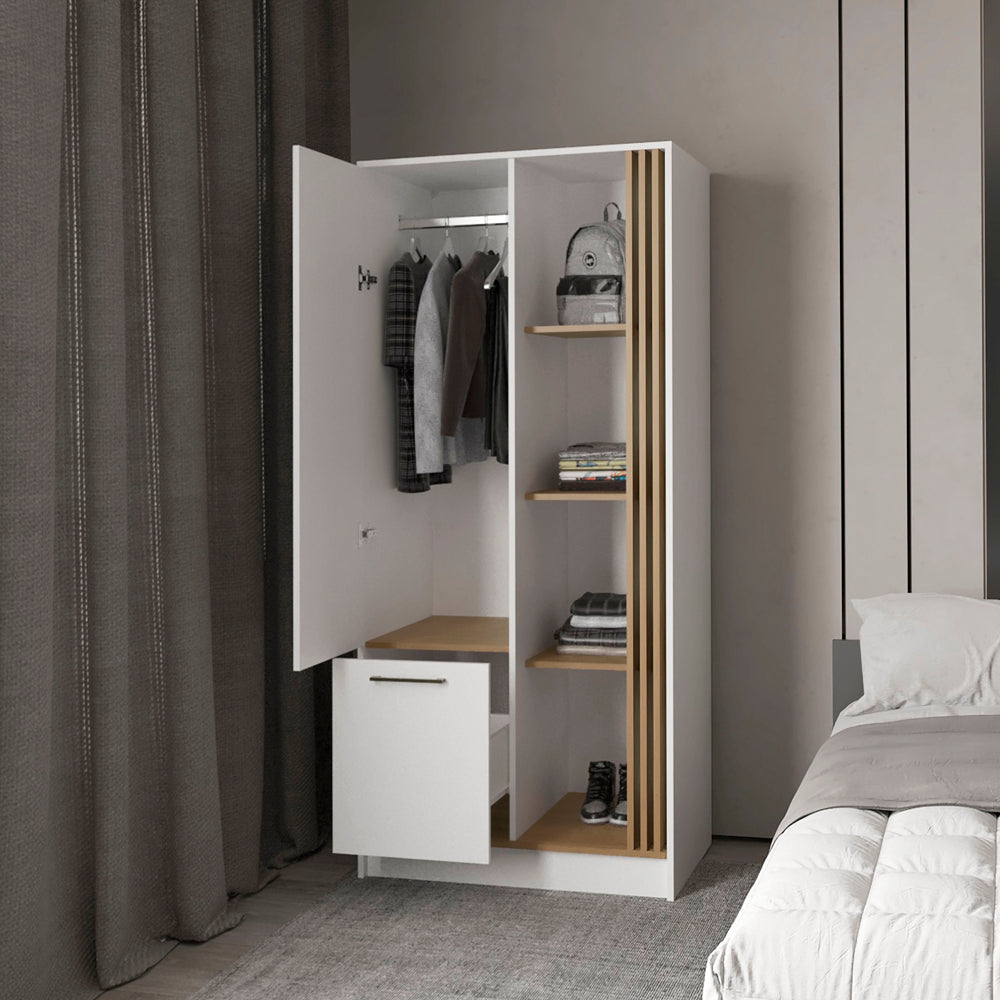 English Elm Natural Oak Wardrobe Organizer White & Oak Finish with Shelves, Sturdy Rod, Modern Rustic Storage B062S01139