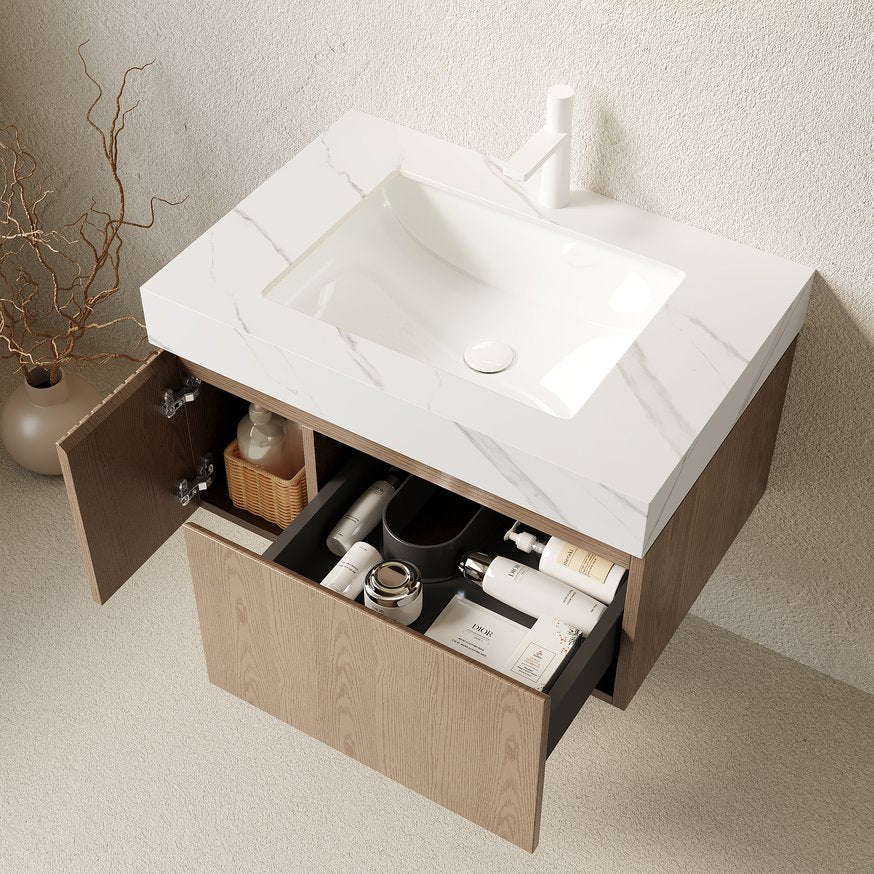 English Elm Muri Floating Bathroom Vanity Plywood Cabinet Sintered Stone Top Oak Veneer Detail W2615S00625
