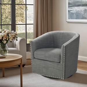JLA Home Madison Park - Upholstered Swivel Barrel Chair with Nailheads and 360° Smooth Rotation, Plush Foam Comfort Grey MP103-1071