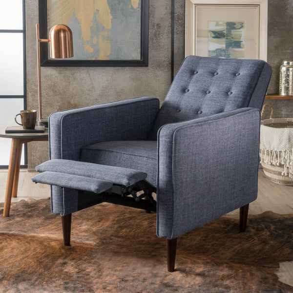 English Elm Christopher Knight Home® - Fabric Recliner Chair Mid-Century Modern Pushback Single Sofa with Tufted Cushion, Birch Legs, Cozy Comfort Dark Blue 60741.00DBL