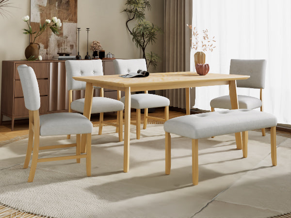 English Elm 6 Piece Farmhouse Dining Set Rubberwood Legs Tufted Chairs Bench Natural Ash Table N752S600015D