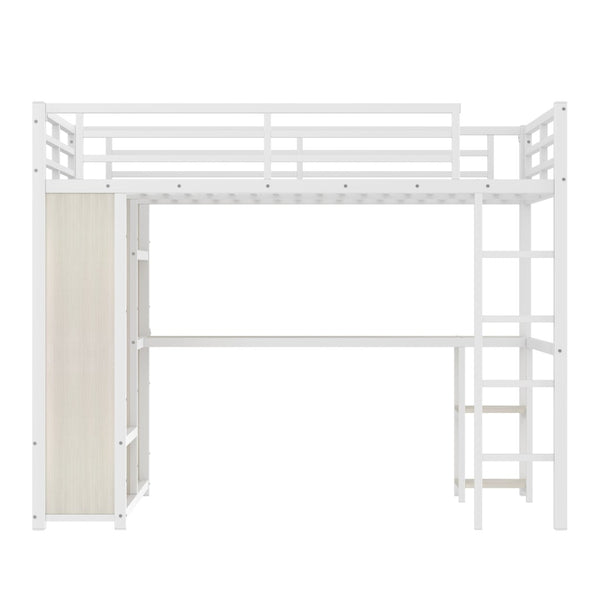 English Elm Queen Size Loft Bed Frame With Desk, Wardrobe & Storage Shelves – Stylish Space-Saving Solution! W1580S00179-GIGA