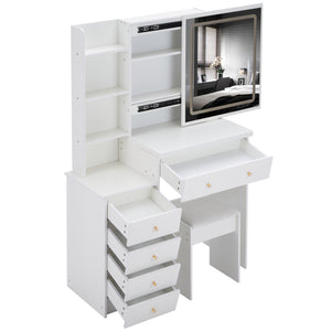 English Elm 37" Vanity Table Set with Led Mirror Stool Built-in Outlets and Hair Dryer Storage White W3258P448846
