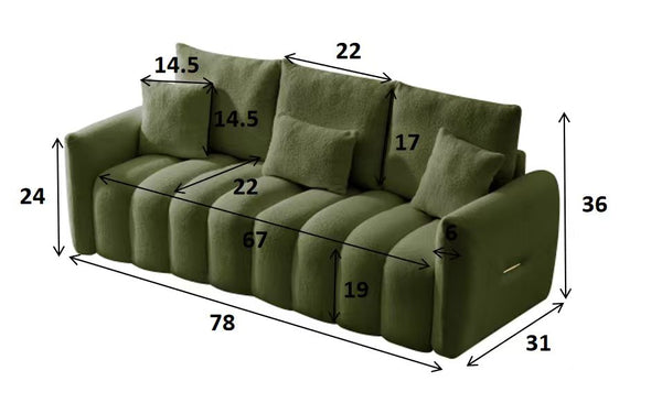 English Elm 78 Inch Teddy Velvet Three Seat Sofa Solid Wood Frame Plush Cushions for Living Room Army Green W2564S00126