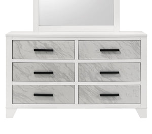 English Elm White Contemporary Dresser 58" W Faux Marble Inset Black Bar Pulls Metal Glide English Dovetail B2741P406274