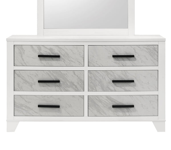 English Elm White Contemporary Dresser 58" W Faux Marble Inset Black Bar Pulls Metal Glide English Dovetail B2741P406274