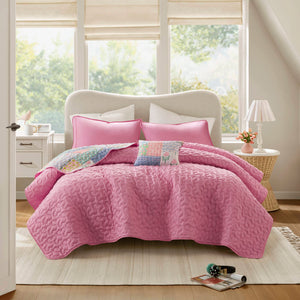 English Elm 4-Piece Full/Queen Quilt Set Pink Floral Coverlet with 2 Shams & Throw Pillow, Soft Microfiber Comfort B035P408452