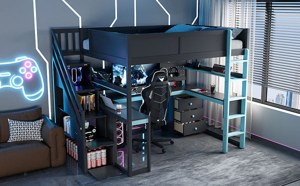 English Elm Full Size Gaming Loft Bed with Led Lighting Desk Shelves and Usb Charging Ports N820S00071C