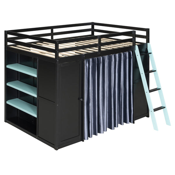 English Elm Full Size Wood Loft Bed with Wardrobe Desk Shelves Rgb Lighting and Blackout Curtains Black+Blue LT000269AAC-1