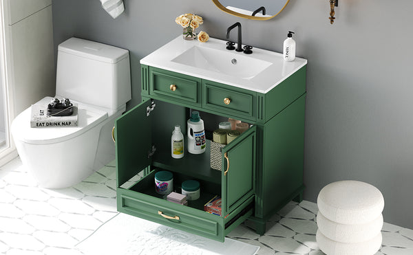 English Elm 30'' Bathroom Vanity with Sink - Retro Solid Wood Frame, Ceramic Basin, Soft-Close Doors & Ample Storage Green N710P190656F
