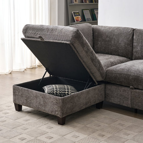 English Elm 96.5" L-shaped Chenille Sectional with Storage Ottoman Eucalyptus Frame Living Room Gray W1097S00280
