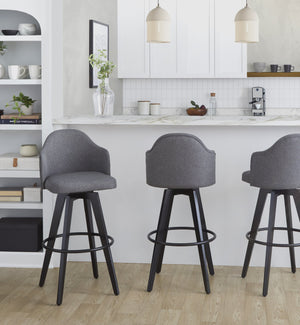 English Elm Fixed-height Swivel Barstools Upholstered Grey Fabric Black Wood Legs Kitchen Set of 2 Grey B202S01869
