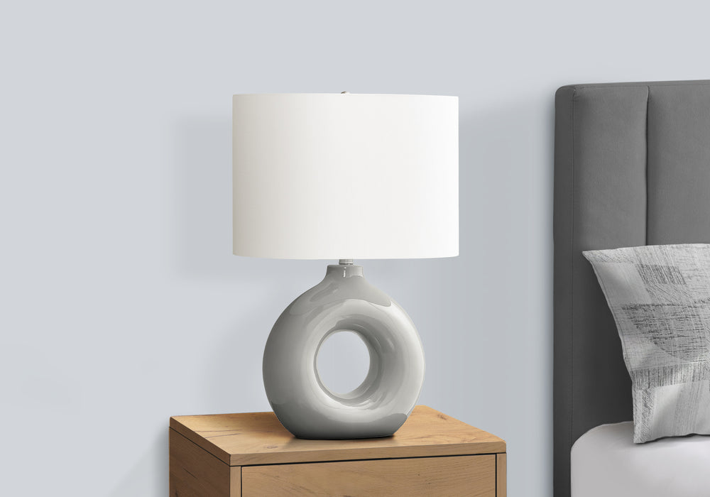 English Elm Lighting, Grey Ceramic Donut Base Table Lamp with Oval Ivory Shade Modern Decor B2710P461821