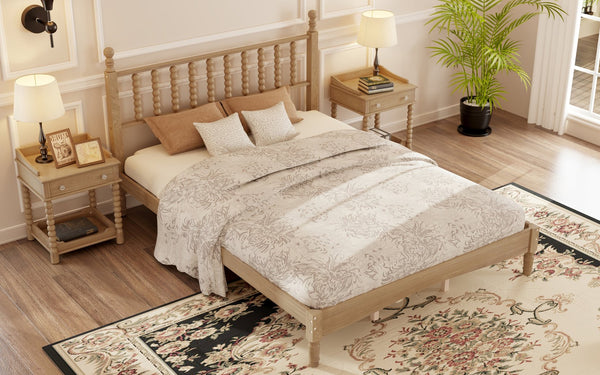 English Elm Queen Wood Platform Bed with Gourd-Shaped Headboard, Retro-Inspired Solid Frame, Slat Support, Sturdy Elegance Natural 64.8 L x 17.5 W x 9.5 H N733P206242M