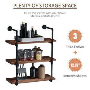 English Elm HOMCOM Industrial 3-Tier Pipe Wall Shelf – Rustic Brown Floating Bookshelf, Metal Frame Display Rack W2225P229632