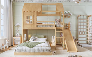 English Elm Twin Over Full Playhouse Bunk Bed with Slide Ladder Storage Shelves and Wardrobe W5305S00040