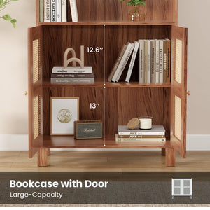 English Elm Tall Rattan Door Bookcase with 5 Shelves — Stylish Tall Storage Shelf for Living Room Office LibraryBedroom Natural T3623P379909