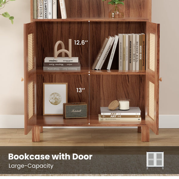 English Elm Tall Rattan Door Bookcase with 5 Shelves — Stylish Tall Storage Shelf for Living Room Office LibraryBedroom Natural T3623P379909