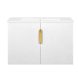 English Elm 30" Vintage Bathroom Vanity with Ceramic Sink — Wall-Mount MDF & Solid Wood Cabinet, Storage, Sleek Finish White N710P214100K