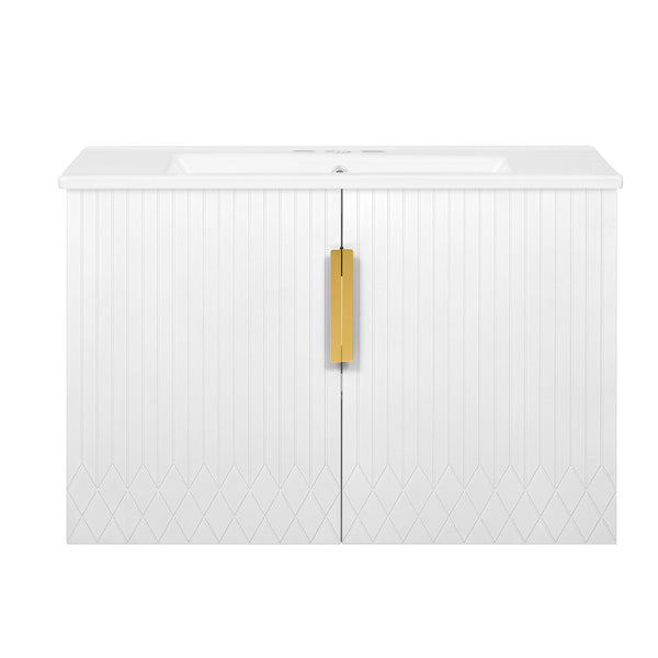 English Elm 30" Vintage Bathroom Vanity with Ceramic Sink — Wall-Mount MDF & Solid Wood Cabinet, Storage, Sleek Finish White N710P214100K