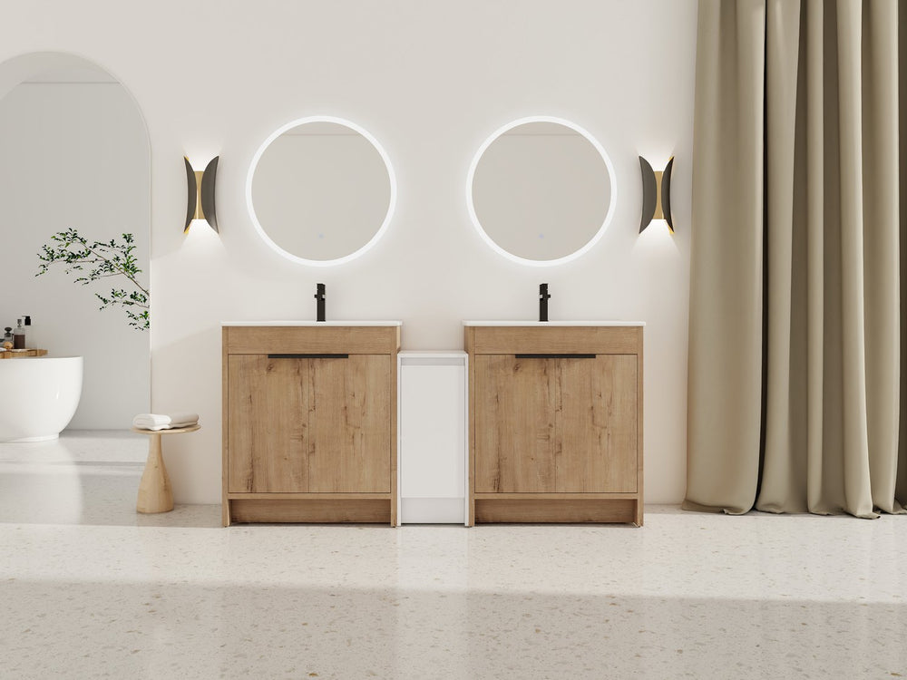 English Elm 72 Inch Freestanding Bathroom Vanity With Ceramic Sink, Soft-Close Doors, And Ample Storage Space W999S00323