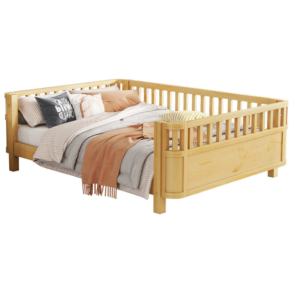 English Elm Full Full Size Wood Platform Bed for Kids with Guardrail, Solid Pine Construction, Low Profile, 350LB Capacity, Natural Finish W2593P367066