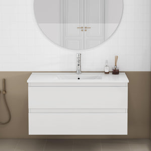 English Elm 36-inch Glossy White Bathroom Vanity with Ceramic Sink Soft Close Drawers Minimalist W3151S00065