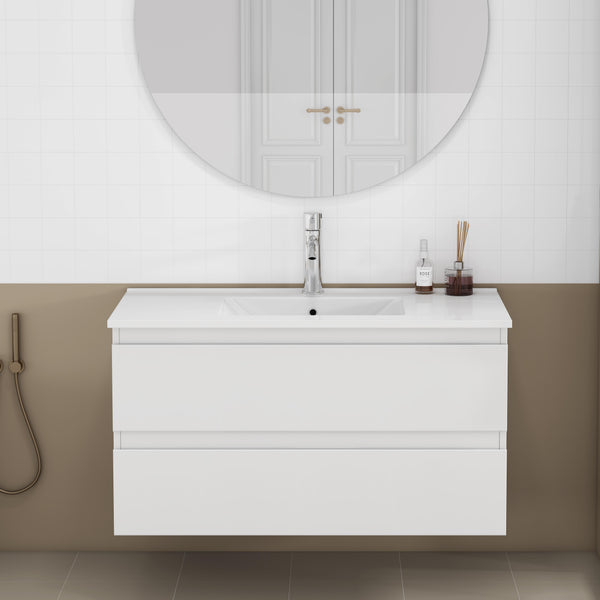 English Elm 36-inch Glossy White Bathroom Vanity with Ceramic Sink Soft Close Drawers Minimalist W3151S00065