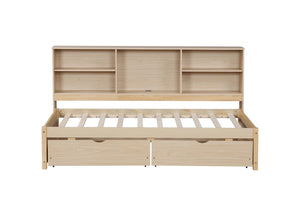 English Elm Twin Storage Bed with Bookcase Headboard Built-in Usb Charging and Two Drawers Natural W697S00038