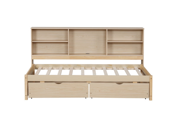 English Elm Twin Storage Bed with Bookcase Headboard Built-in Usb Charging and Two Drawers Natural W697S00038