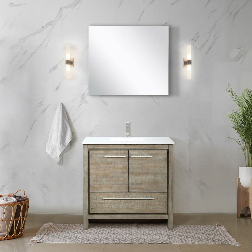 English Elm Rustic Acacia Bath Vanity 36" W With White Quartz Top, Brushed Nickel Faucet & 28" Mirror Set B2731S01947-GIGA