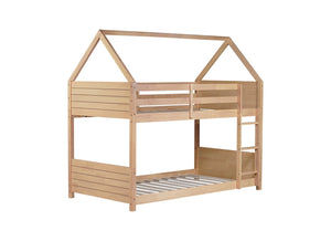 English Elm Twin House Floor Bunk Bed – Charming Rubberwood Design With Safety Guardrails, Ladder & White Oak Finish W504P227973-GIGA