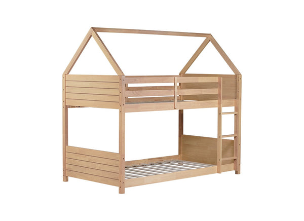 English Elm Twin House Floor Bunk Bed – Charming Rubberwood Design With Safety Guardrails, Ladder & White Oak Finish W504P227973-GIGA