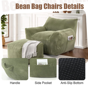 English Elm Bean Bag Chair with Armrests Shredded Foam Fill Oversized Lounge Seat for Adults Green W5385P433244
