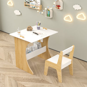 English Elm Kids Multifunctional Table Set with Chair, Convertible MDF Top for Study Drawing Play, White Natural Finish W808P293817