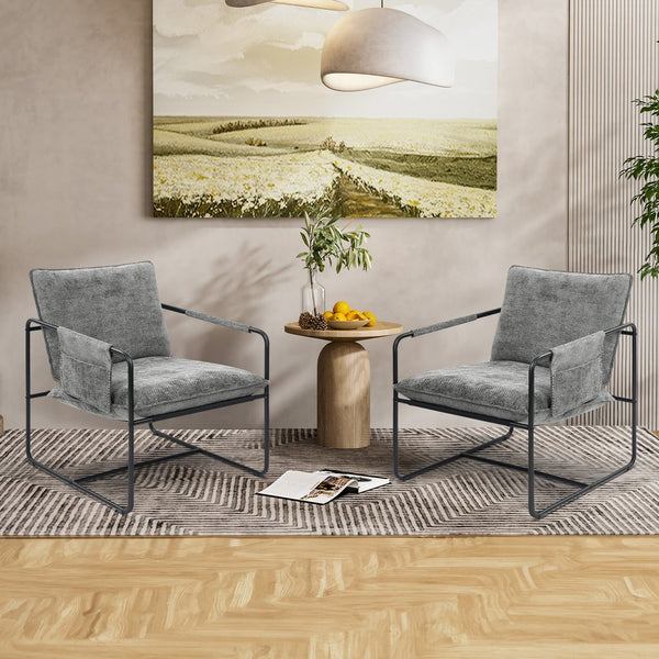 English Elm Accent Chair Mid-Century Rattan Arms Set of 2 with Rubber Wood Legs, Plush Fabric Seat, Cozy Lounge Gray T3950P399126