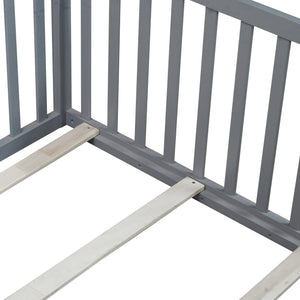 English Elm Twin House Frame Floor Bed Rubberwood with Roof Canopy and Safety Rails for Kids Grey W504P429529
